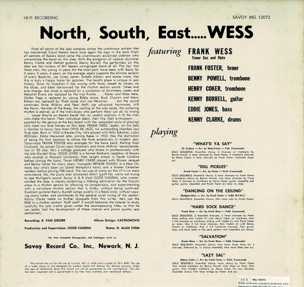 Frank Wess, Frank Foster, Henry Coker, Benny Powell, Kenny Burrell, Eddie Jones, Kenny Clarke – North, South, East.....Wess LP vinyl record, image 3 of 6