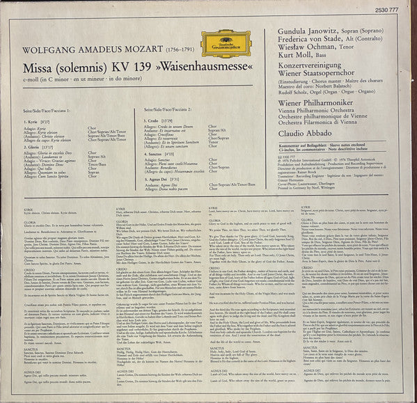 Wolfgang Amadeus Mozart, Gundula Janowitz, Frederica von Stade, Wiesław Ochman, Kurt Moll, Wiener Staatsopernchor, Wiener Philharmoniker, Claudio Abbado – Messe KV 139 „Waisenhausmesse” LP vinyl record, image 2 of 7