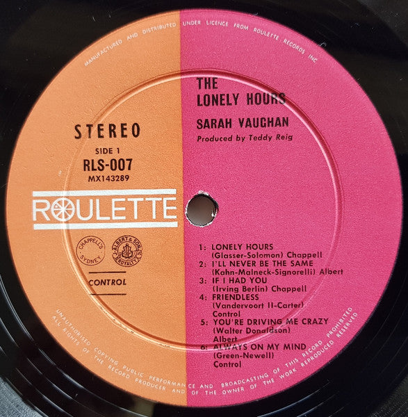 Sarah Vaughan – The Lonely Hours LP vinyl record, image 4 of 4