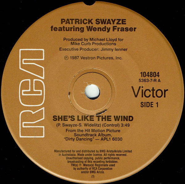 Patrick Swayze, Wendy Fraser – She's Like The Wind 7" vinyl record, image 3 of 4