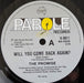 The Promise – Will You Come Back Again? 7" vinyl record, image 2 of 4