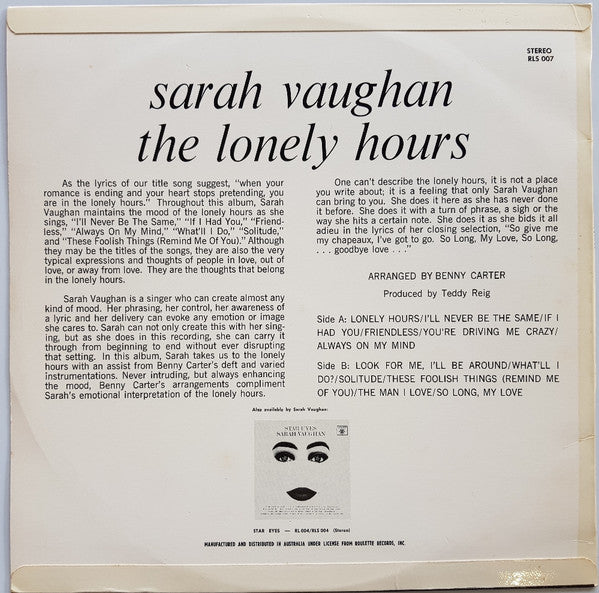 Sarah Vaughan – The Lonely Hours LP vinyl record, image 3 of 4