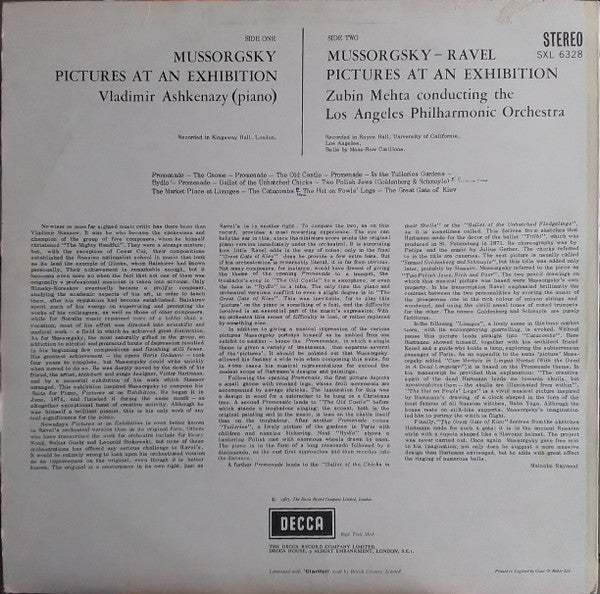Modest Mussorgsky, Vladimir Ashkenazy, Zubin Mehta, Los Angeles Philharmonic Orchestra – Two Complete Performances Of Pictures At An Exhibition LP vinyl record, image 2 of 4