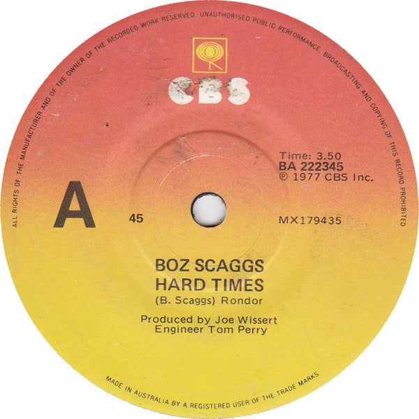 Boz Scaggs – Hard Times 7" vinyl record, image 2 of 3