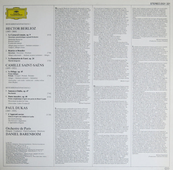 Hector Berlioz, Paul Dukas, Camille Saint-Saëns, Daniel Barenboim, Orchestre De Paris – Le Carnaval Romain - Béatrice Et Bénédict - La Damnation De Faust - Le Déluge - Samson Et Dalila - Danse Macabre - L'Apprenti Sorcier LP vinyl record, image 2 of 4