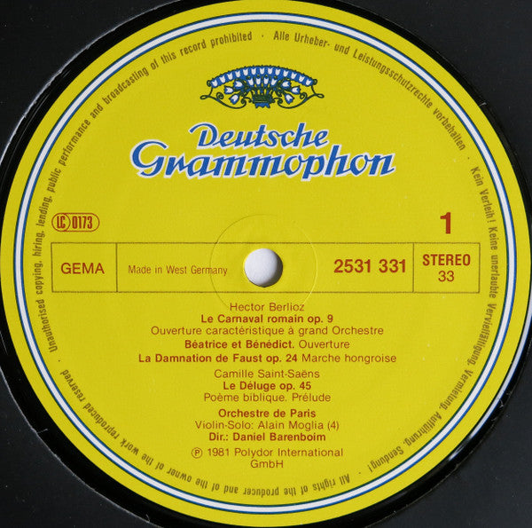 Hector Berlioz, Paul Dukas, Camille Saint-Saëns, Daniel Barenboim, Orchestre De Paris – Le Carnaval Romain - Béatrice Et Bénédict - La Damnation De Faust - Le Déluge - Samson Et Dalila - Danse Macabre - L'Apprenti Sorcier LP vinyl record, image 3 of 4