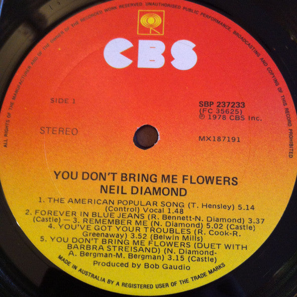 Neil Diamond – You Don't Bring Me Flowers LP vinyl record, image 4 of 5