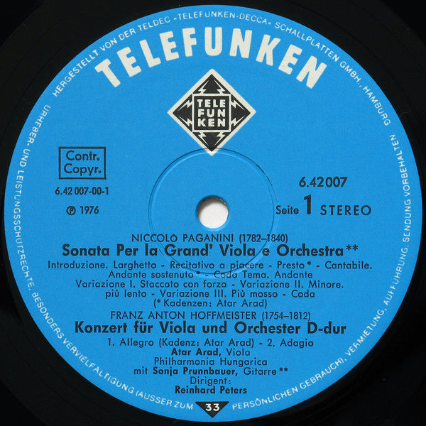 Niccolò Paganini, Carl Stamitz, Franz Anton Hoffmeister, Atar Arad, Philharmonia Hungarica, Reinhard Peters – Viola Concertos LP vinyl record, image 5 of 6