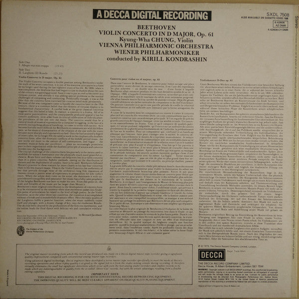 Ludwig van Beethoven, Kyung-Wha Chung, Wiener Philharmoniker, Kiril Kondrashin – Violin Concerto LP vinyl record, image 2 of 4