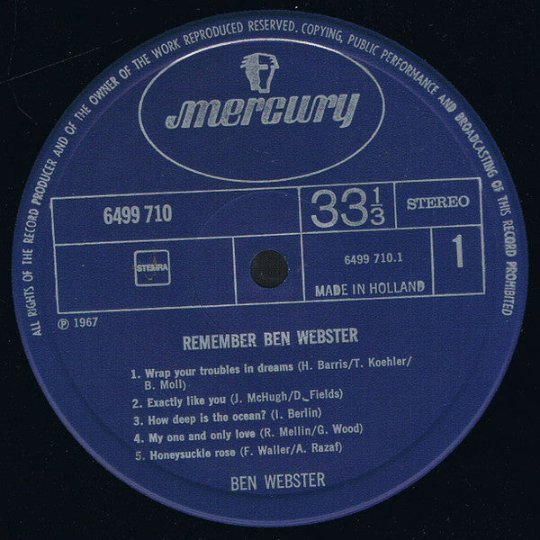 Ben Webster – Remember Ben Webster LP vinyl record, image 3 of 4
