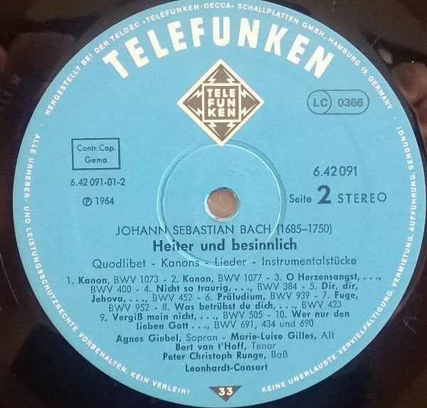 Johann Sebastian Bach, Leonhardt-Consort – Heiter Und Besinnlich: Quodlibet - Kanons - Lieder - Instrumentalstücke LP vinyl record, image 5 of 6