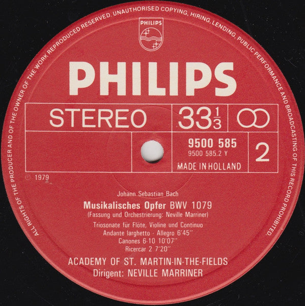 Johann Sebastian Bach, The Academy Of St. Martin-in-the-Fields, Sir Neville Marriner – Das Musikalische Opfer = The Musical Offering BWV 1079 LP vinyl record, image 4 of 4