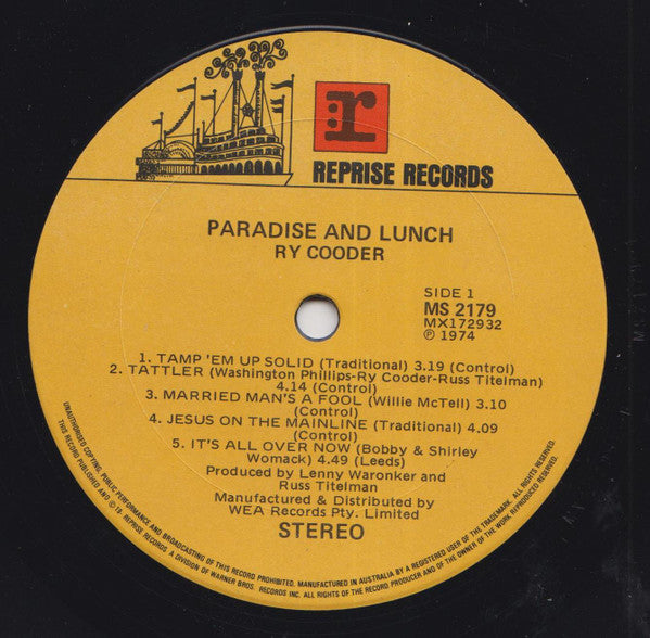 Ry Cooder – Paradise And Lunch LP vinyl record, image 2 of 3