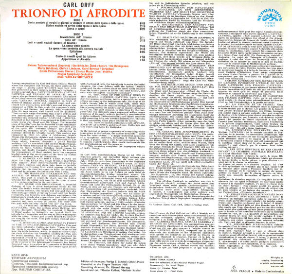 Carl Orff, Czech Philharmonic Chorus, The Prague Symphony Orchestra, Václav Smetáček – Trionfo Di Afrodite LP vinyl record, image 2 of 2