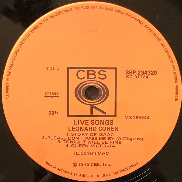 Leonard Cohen – Live Songs LP vinyl record, image 4 of 4