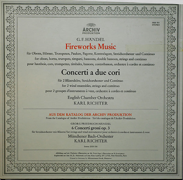 Georg Friedrich Händel, English Chamber Orchestra, Karl Richter – Fireworks Music • Concerti A Due Cori LP vinyl record, image 2 of 5