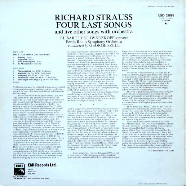 Richard Strauss, Elisabeth Schwarzkopf, George Szell, Radio-Symphonie-Orchester Berlin – Four Last Songs (And Five Other Songs With Orchestra) LP vinyl record, image 2 of 4
