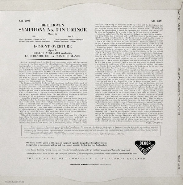 Ludwig van Beethoven, Ernest Ansermet, L'Orchestre De La Suisse Romande – Symphony No. 5 ∙ Egmont Overture LP vinyl record, image 2 of 4