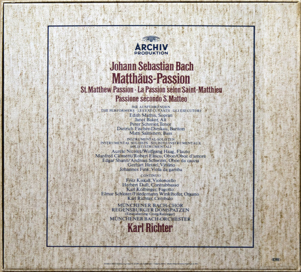 Johann Sebastian Bach, Edith Mathis, Janet Baker, Peter Schreier, Dietrich Fischer-Dieskau, Matti Salminen, Münchener Bach-Chor, Regensburger Domspatzen, Münchener Bach-Orchester, Karl Richter – Matthäus Passion = St. Matthew Passion = La... (4xLP) LP vinyl record, image 2 of 5