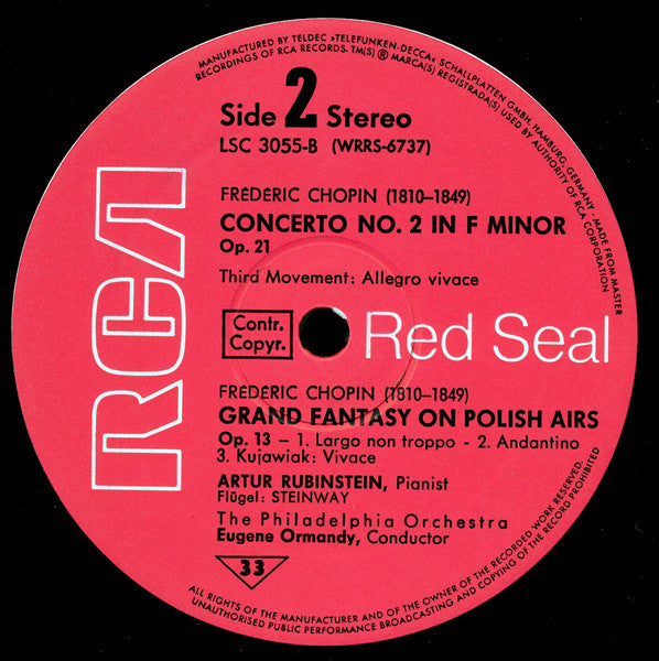 Arthur Rubinstein, The Philadelphia Orchestra, Eugene Ormandy, Frédéric Chopin – Concerto No. 2 In F Minor / Grand Fantasy On Polish Airs LP vinyl record, image 5 of 5