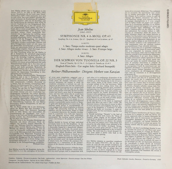 Jean Sibelius, Berliner Philharmoniker, Herbert von Karajan – Symphonie Nr. 4 / Der Schwan Von Tuonela LP vinyl record, image 2 of 4
