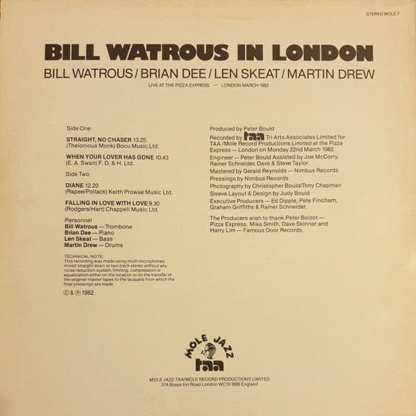 Bill Watrous, Brian Dee, Len Skeat, Martin Drew – Bill Watrous In London: Live At The Pizza Express - London March 1982 LP vinyl record, image 2 of 4