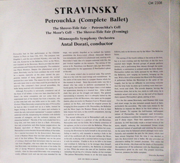 Igor Stravinsky, Minneapolis Symphony Orchestra, Antal Dorati – Petrouchka (Complete Ballet) LP vinyl record, image 2 of 4