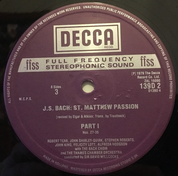 Johann Sebastian Bach, Robert Tear, John Shirley-Quirk, Felicity Lott, Alfreda Hodgson, Neil Jenkins, Stephen Roberts, St. Paul's Cathedral Choir, The Bach Choir, The Thames Chamber Orchestra, David Willcocks – St. Matthew Passion (4xLP) LP vinyl record, image 6 of 10