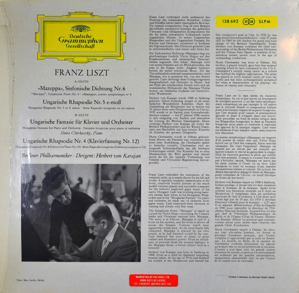 Franz Liszt, Shura Cherkassky, Berliner Philharmoniker, Herbert Von Karajan – Mazeppa · Ungarische Fantasie · Ungarische Rhapsodien 4 Und 5 LP vinyl record, image 2 of 4