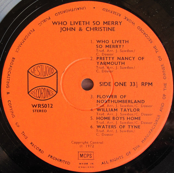 John Sawdon, Christine Dossor – Who Liveth So Merry? LP vinyl record, image 3 of 4