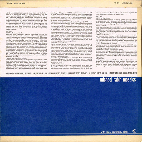 Michael Rabin, Leon Pommers – Mosaics LP vinyl record, image 2 of 5