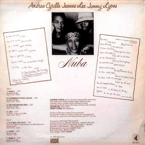 Andrew Cyrille, Jeanne Lee, Jimmy Lyons – Nuba LP vinyl record, image 2 of 4