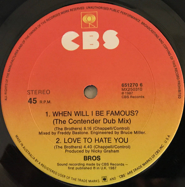 Bros – When Will I Be Famous? 12" vinyl record, image 4 of 4