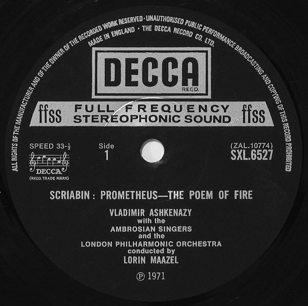 Alexander Scriabin, Vladimir Ashkenazy, London Philharmonic Orchestra, Lorin Maazel – Prometheus, Poem Of Fire / Piano Concerto In F Sharp Minor LP vinyl record, image 3 of 4