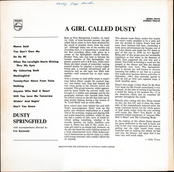 Dusty Springfield – A Girl Called Dusty LP vinyl record, image 2 of 4