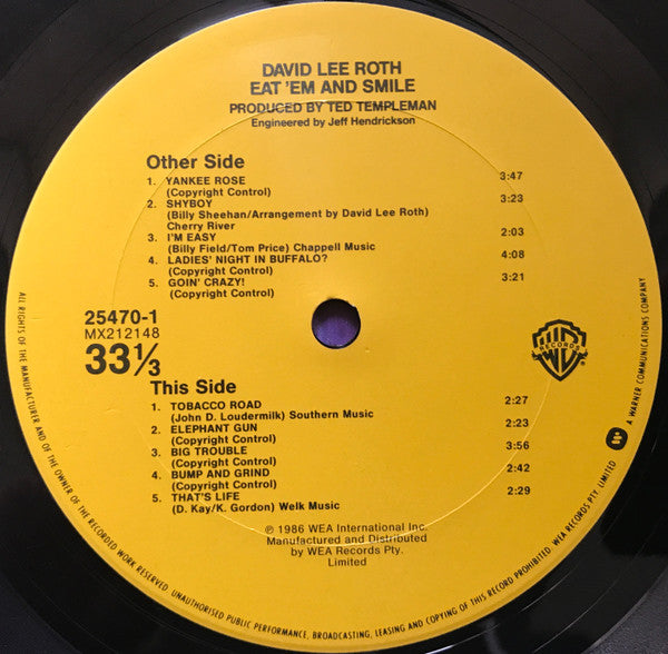 David Lee Roth – Eat 'Em And Smile LP vinyl record, image 6 of 6