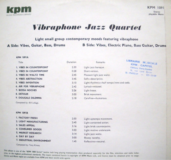 Bill Le Sage, Tony Kinsey – Vibraphone Jazz Quartet LP vinyl record, image 1 of 3