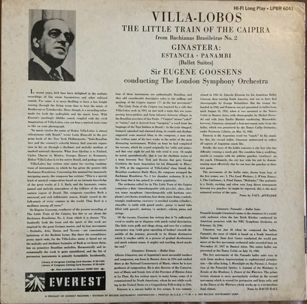 Heitor Villa-Lobos, Alberto Ginastera, Sir Eugene Goossens, London Symphony Orchestra – The Little Train Of The Caipira / Estancia - Panambi LP vinyl record, image 2 of 4