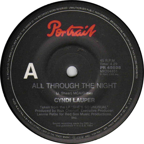 Cyndi Lauper – All Through The Night 7" vinyl record, image 3 of 4