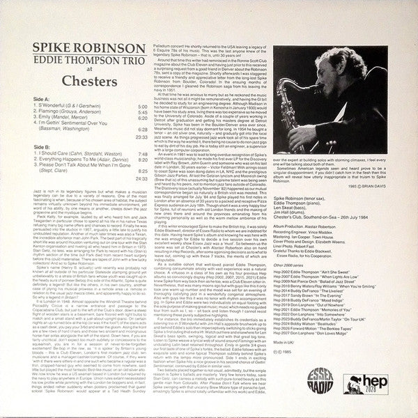Spike Robinson, Eddie Thompson Trio – At Chesters LP vinyl record, image 2 of 3
