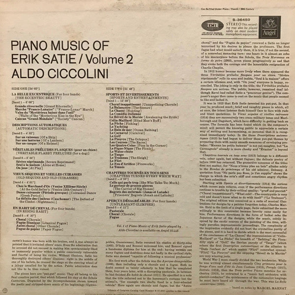 Erik Satie, Aldo Ciccolini – Piano Music Of Erik Satie, Vol. 2 LP vinyl record, image 2 of 4