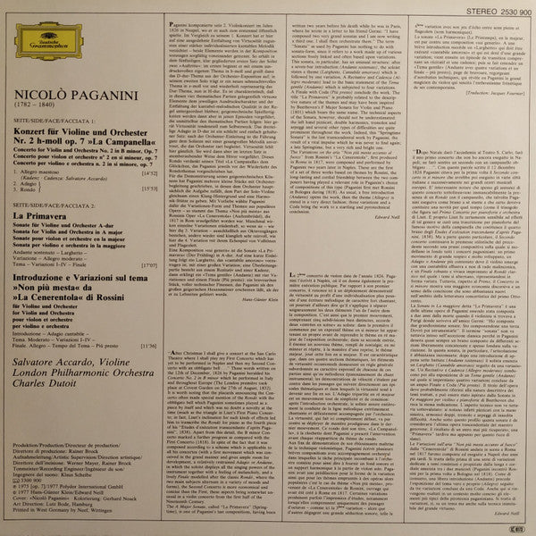 Niccolò Paganini, Salvatore Accardo, London Philharmonic Orchestra, Charles Dutoit – Concerto Per Violino N. 2 »La Campanella« · La Primavera · Non Più Mesta LP vinyl record, image 2 of 4