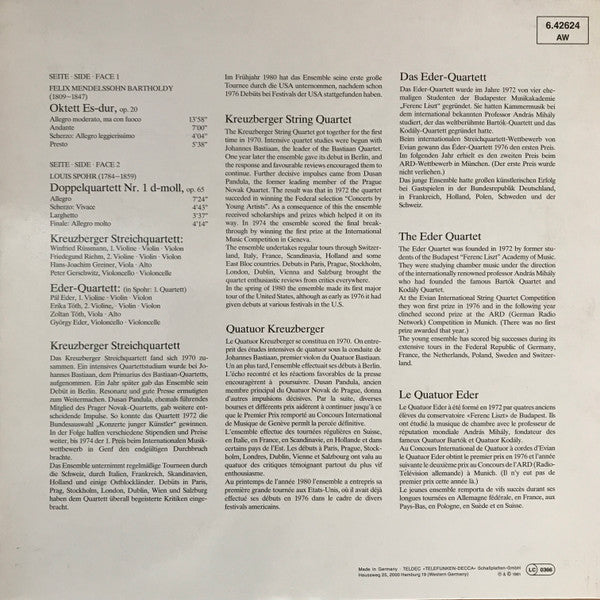 Felix Mendelssohn-Bartholdy, Louis Spohr, Kreuzberger Streichquartett, Éder Quartet – Mendelssohn: Oktett Es-Dur - Spohr: Doppelquartett D-Moll LP vinyl record, image 2 of 5