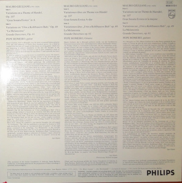 Pepe Romero, Mauro Giuliani – Handel Variations, Op. 107 / Gran Sonata Eroica Etc. LP vinyl record, image 2 of 4