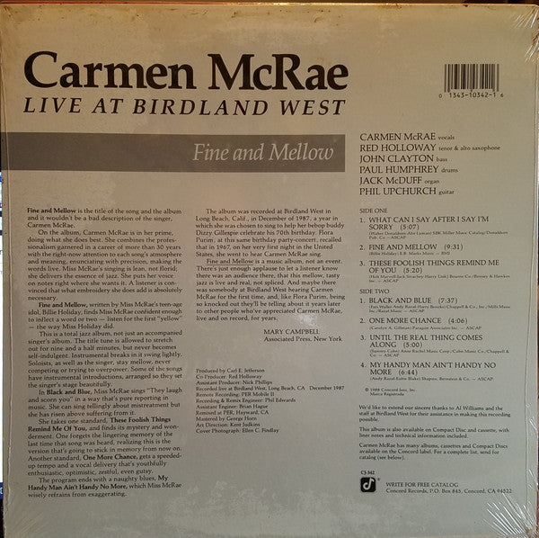 Carmen McRae – Fine And Mellow - Live At Birdland West LP vinyl record, image 2 of 2