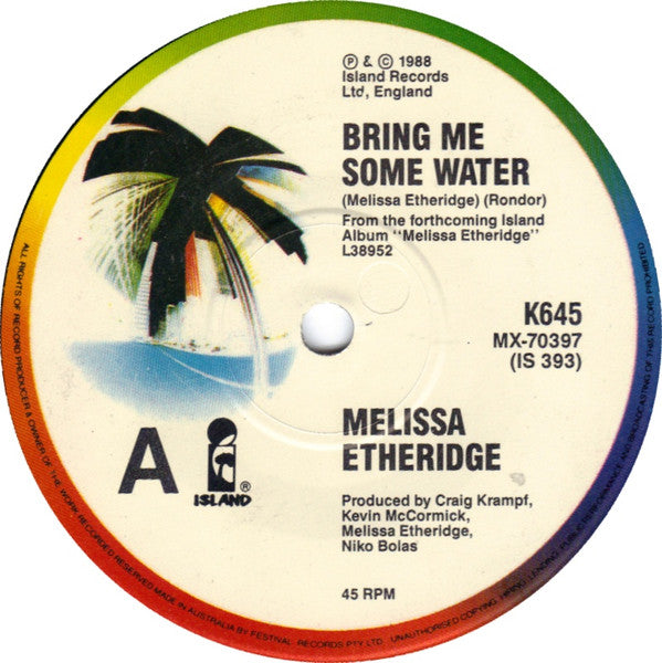 Melissa Etheridge – Bring Me Some Water 7" vinyl record, image 2 of 4