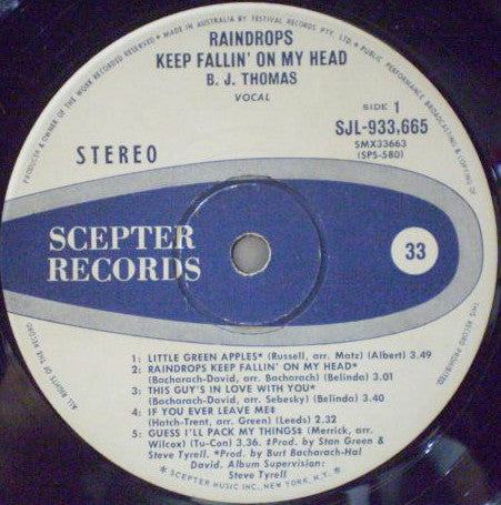 B.J. Thomas – Raindrops Keep Fallin' On My Head LP vinyl record, image 3 of 3