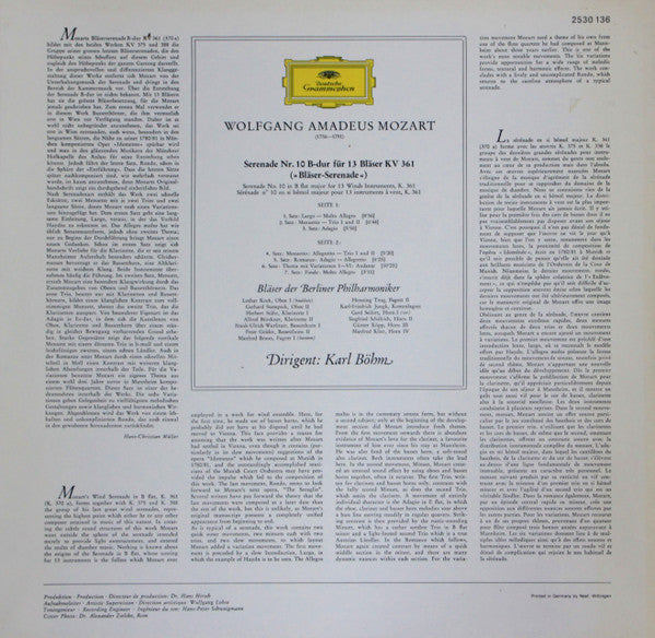 Wolfgang Amadeus Mozart, Blasorchester der Berliner Philharmoniker, Karl Böhm – Serenade Für 13 Bläser KV 361 LP vinyl record, image 2 of 3