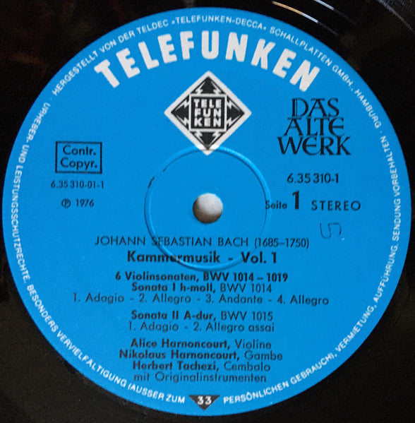 Johann Sebastian Bach, Nikolaus Harnoncourt – Kammermusik (Chamber Music · Musique De Chambre) Vol. 1: 6 Violinsonaten, BWV 1014-1019 (2xLP) LP vinyl record, image 3 of 10