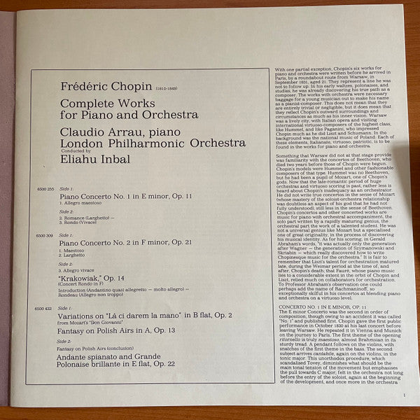 Frédéric Chopin, Claudio Arrau, London Philharmonic Orchestra, Eliahu Inbal – Sämtliche Werke Für Klavier Und Orchester = The Complete Works For Piano And Orchestra = L'Oeuvre Integrale Pour Piano Et Orchestre (3xLP) LP vinyl record, image 5 of 8